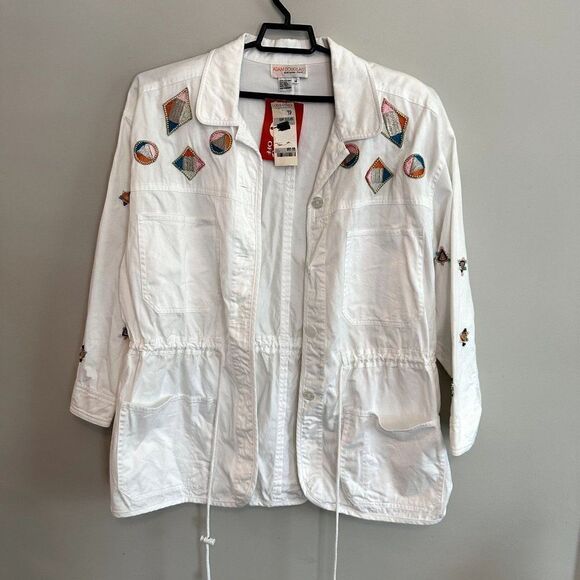 VTG Adam Douglass Adrianna Papell White Cotton Embellished Jacket Womens 14 NWT - Picture 1 of 13